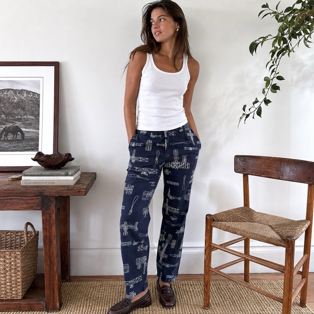 Vintage Polo Jeans Co Ralph Lauren Aviation Print Pants Women Size 10 Navy